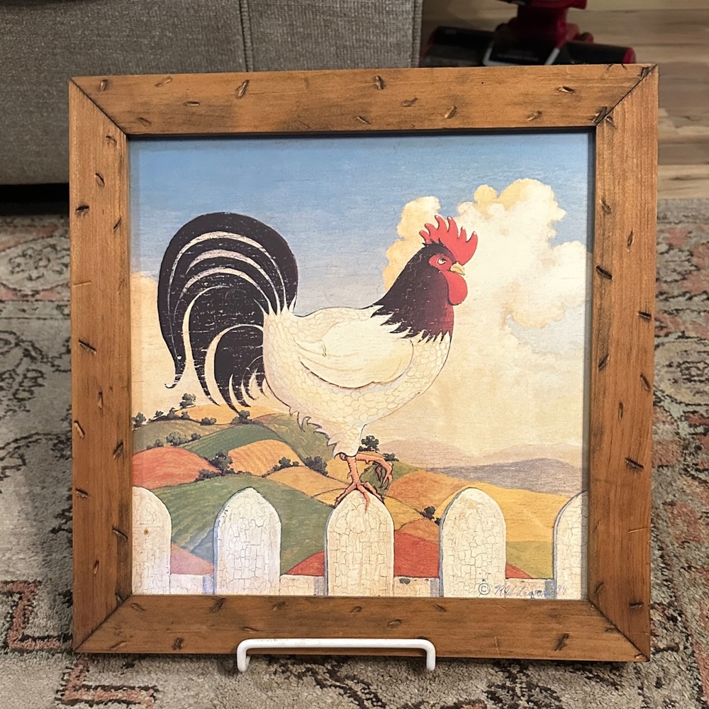 Rustic Rooster Illustration in Wooden Frame
